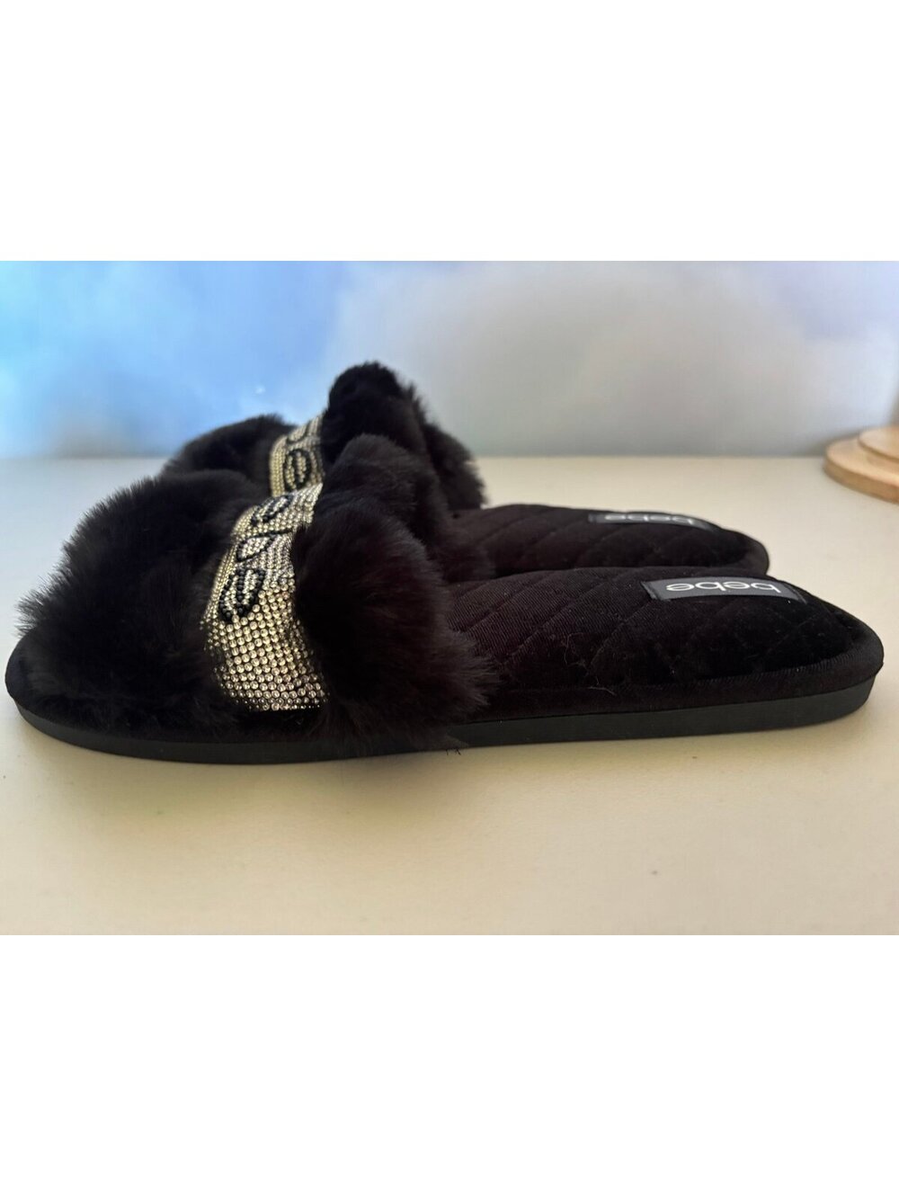 bebe Black Faux Fur Slide Sandals with Rhinestone Logo Band - Picture 4 of 7